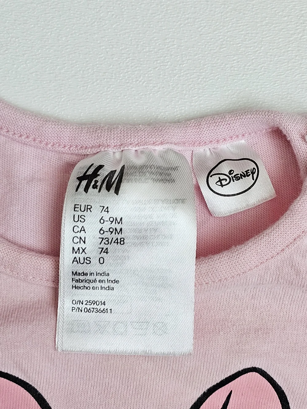 H&M Disney Minnie Mouse Pink Romper Baby Girl 6-9M Cotton